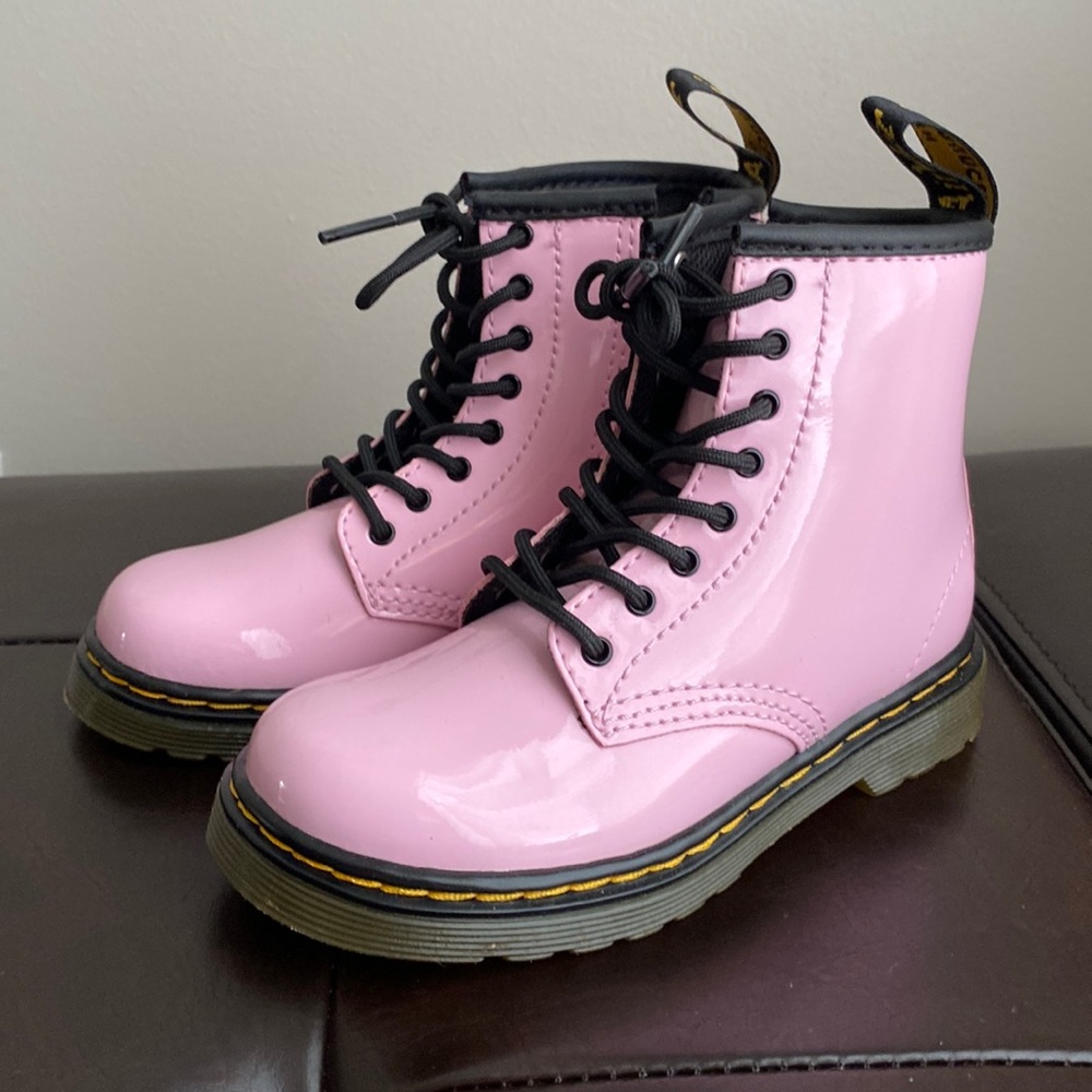 Dr. Martens pink patin leather boots